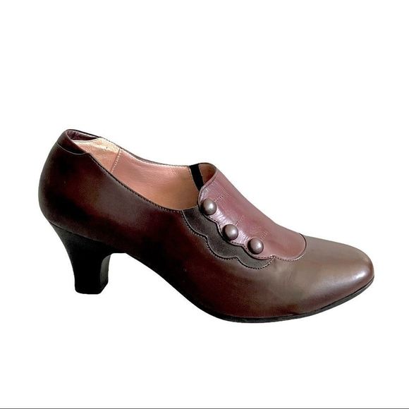 BEAUTIFEEL Leather Slip On Shoes With Small Heel Side Buttons Brown Burgundy 39 - Picture 2 of 11